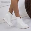 White Women's Platform Ankle Boots Pu Leather Pointed Toe Back Zipper Wedges Heel Fashion Casual Booties Size35-42 Bottes Femmes
