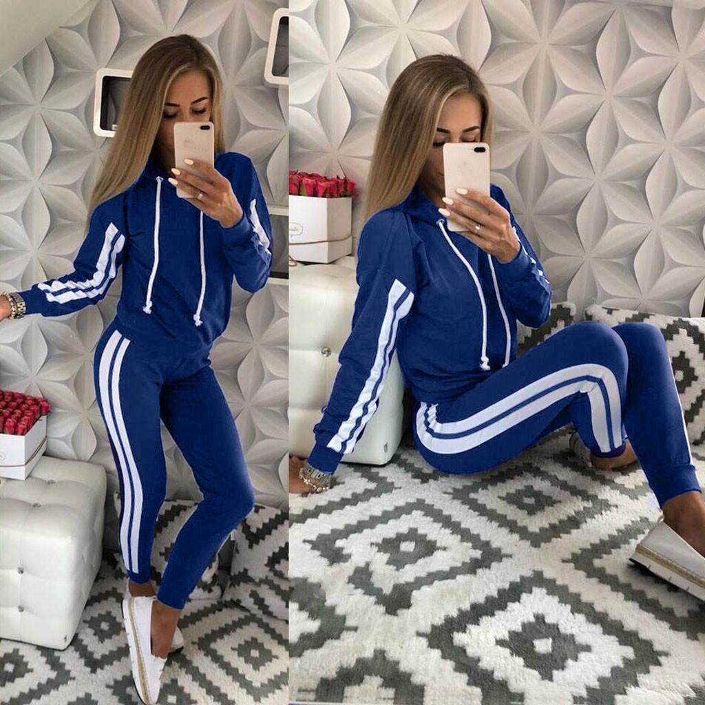 Fashion Women Casual Stripe Hooded Long Sleeve Pullove Sport Tops+Long Pants Set