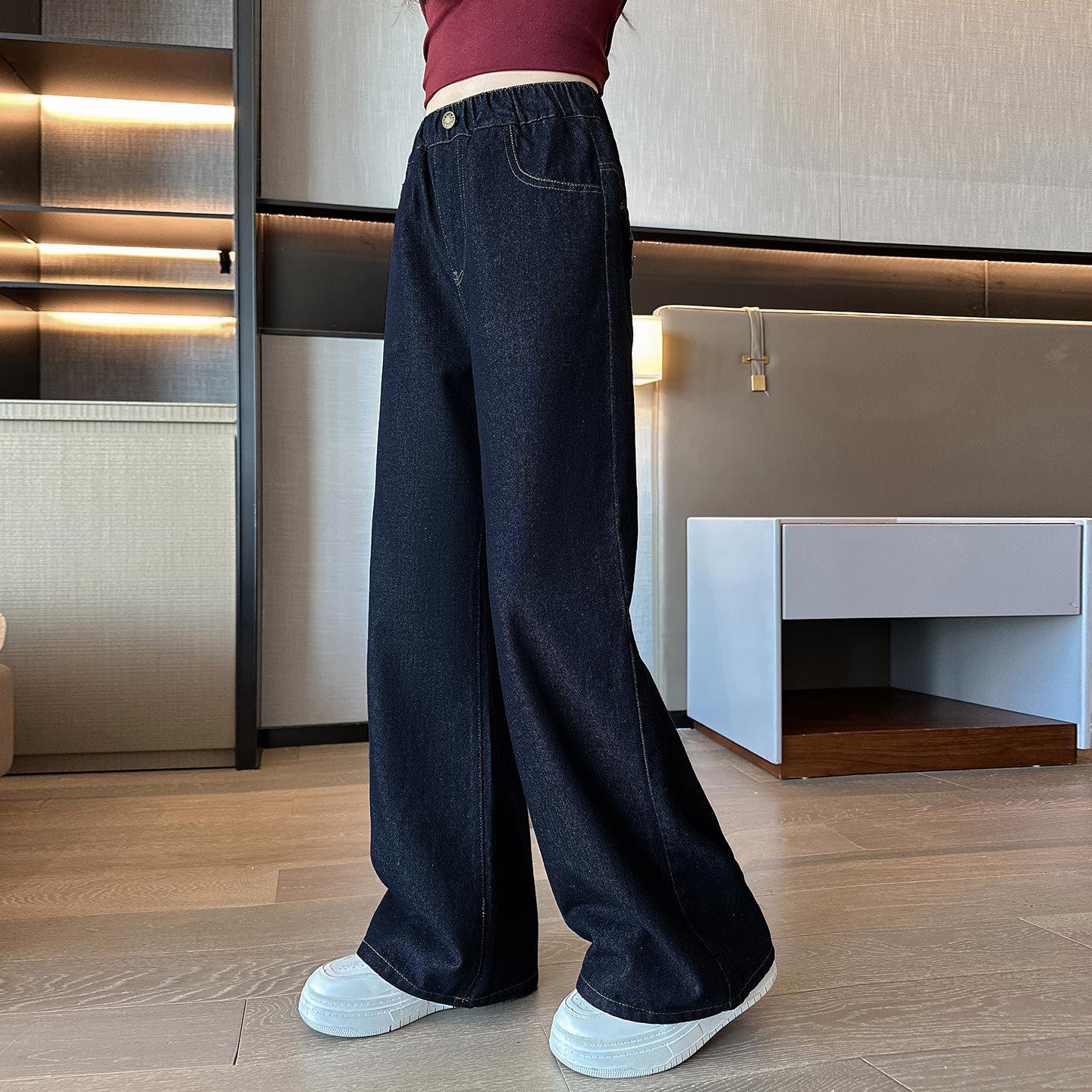Spring/Autumn Loose Straight-Leg Jeans for Older Girls - Casual Wide-Leg Trousers Height 130 cm темно-синий