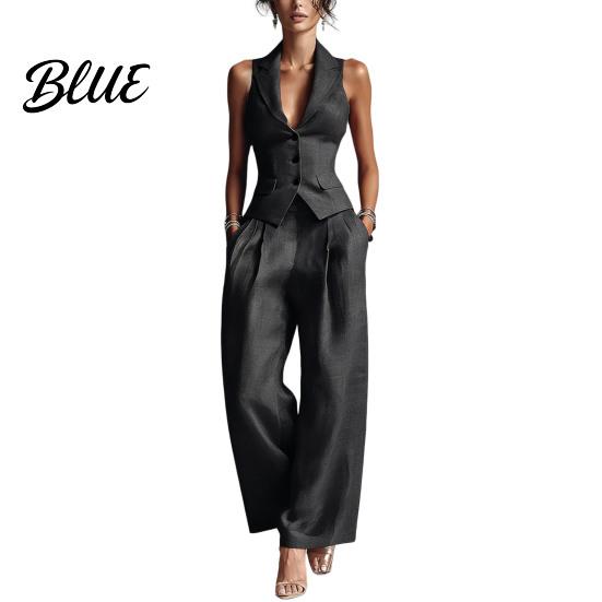 Women Two-piece Women's Summer 2 Piece Business Work Outfits Sleeveless Button Slim Fit Suit Down Vest And Wide Leg Pants Matching Set Clothing
