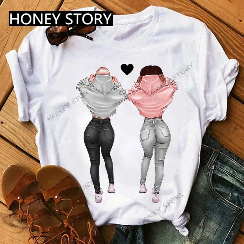Summer Fashion Best Friends T-Shirt Short Sleeve Graphic Tees for Ladies Good Friend Bestie Sister Outfit Polyester Fabric