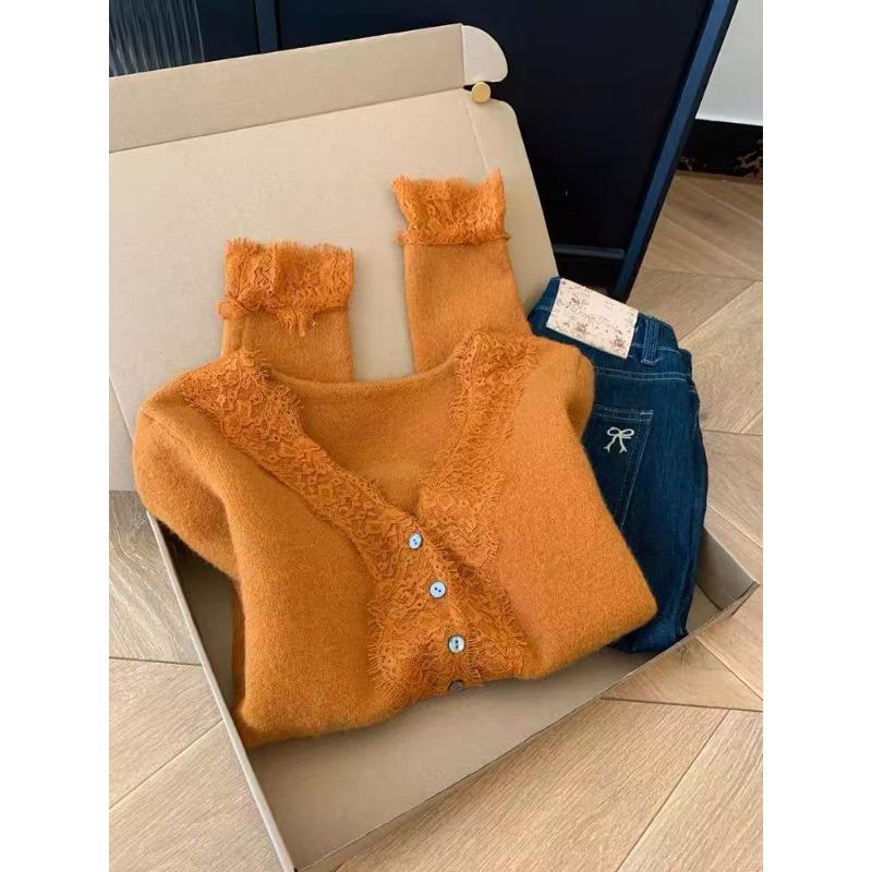 

Lace splicing v-neck long-sleeved knitted cardigan sweater jacket women s new design sense niche short top L