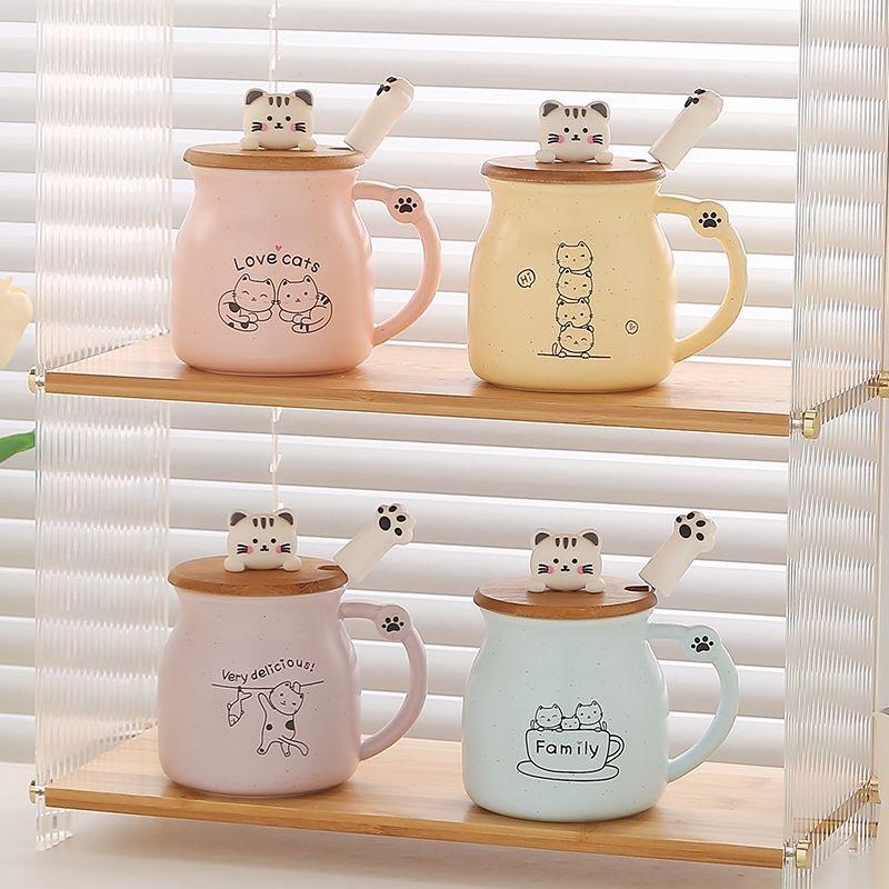 Cute Cartoon Cat Ceramic Mug with Lid and Spoon – Breakfast Coffee Cup