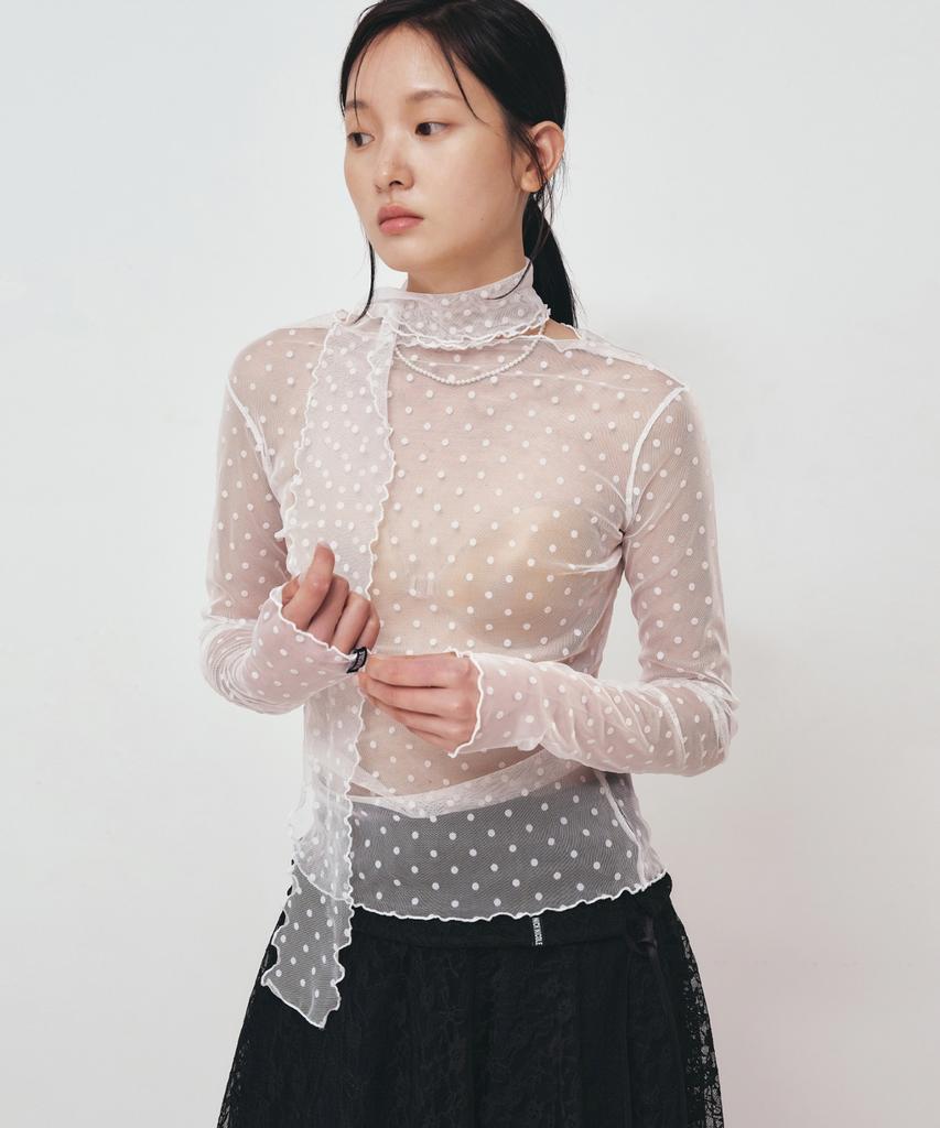 Nigaennikol Dot Mesh Scarf Top_Ivory