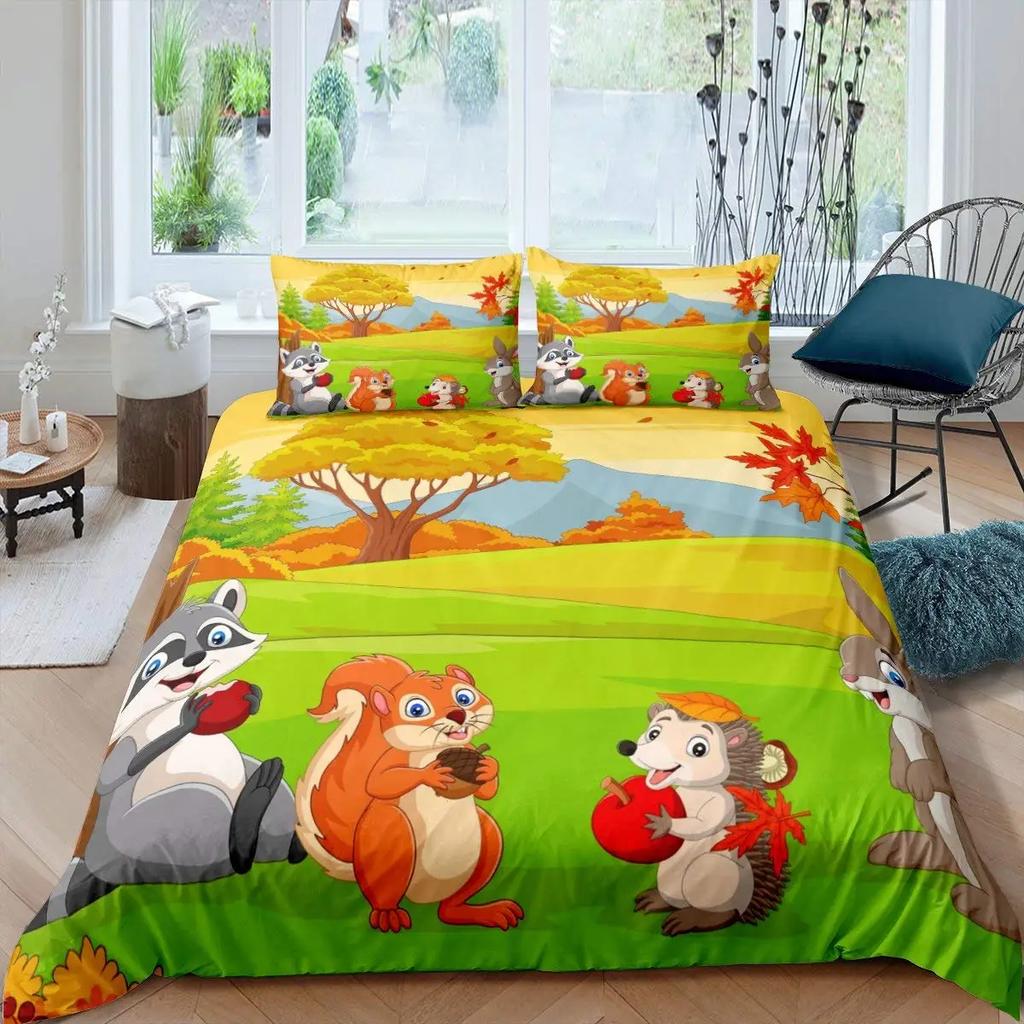 Bettbezug Tiere Cartoon Eichhörnchen Frühlingswiese Wald Fauna Schlafzimmer Dekorativ für Kinder Jungen Mädchen Geschenk Queen Size