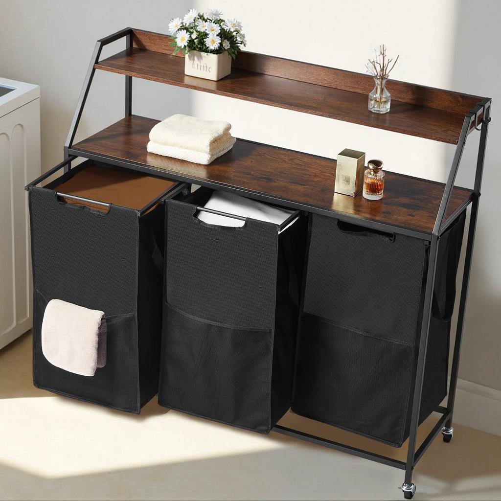 2 Tiers Laundry Sorter Tall Laundry Hamper with Wheels and Hooks 3 Section