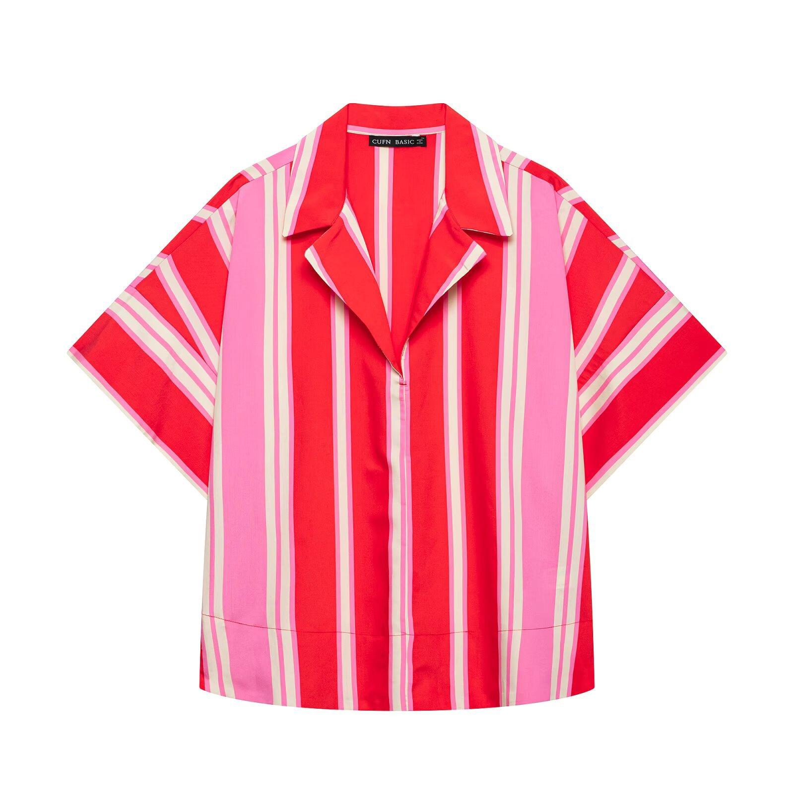 European and American style, new women s fashion, stylish striped polo collar shirt, striped wide-leg pants XS