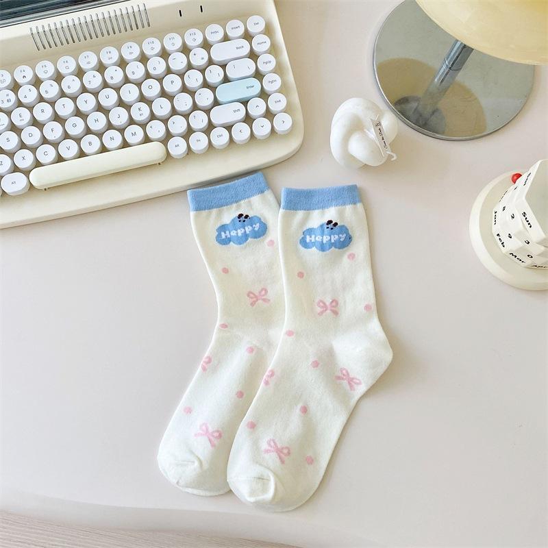 Cartoon Socks Women'S Mid-Tube Socks Trendy Spring And Autumn Cute Preppy Style Bow Polka Dot Puppy Striped Socks