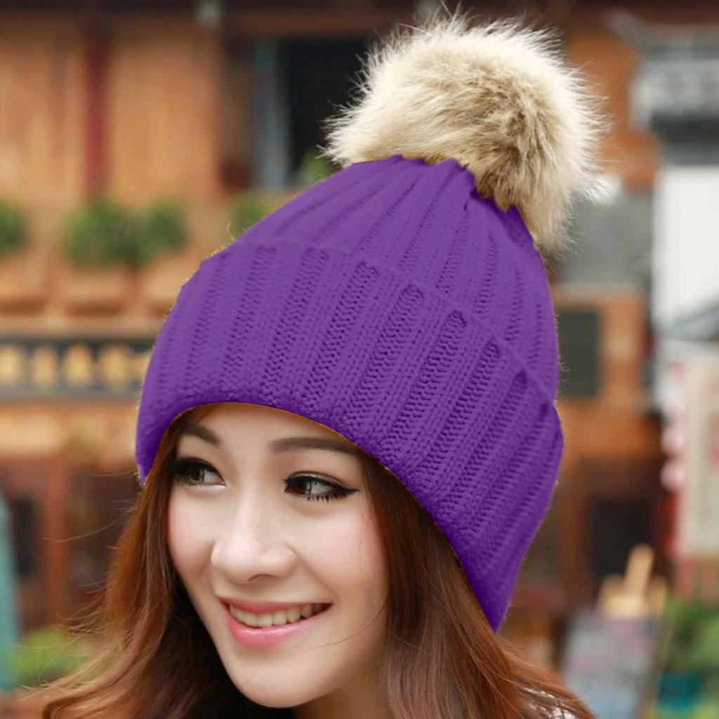 Women Winter Warm Knitted  Cute  F-ur Ball Yarn Hat
