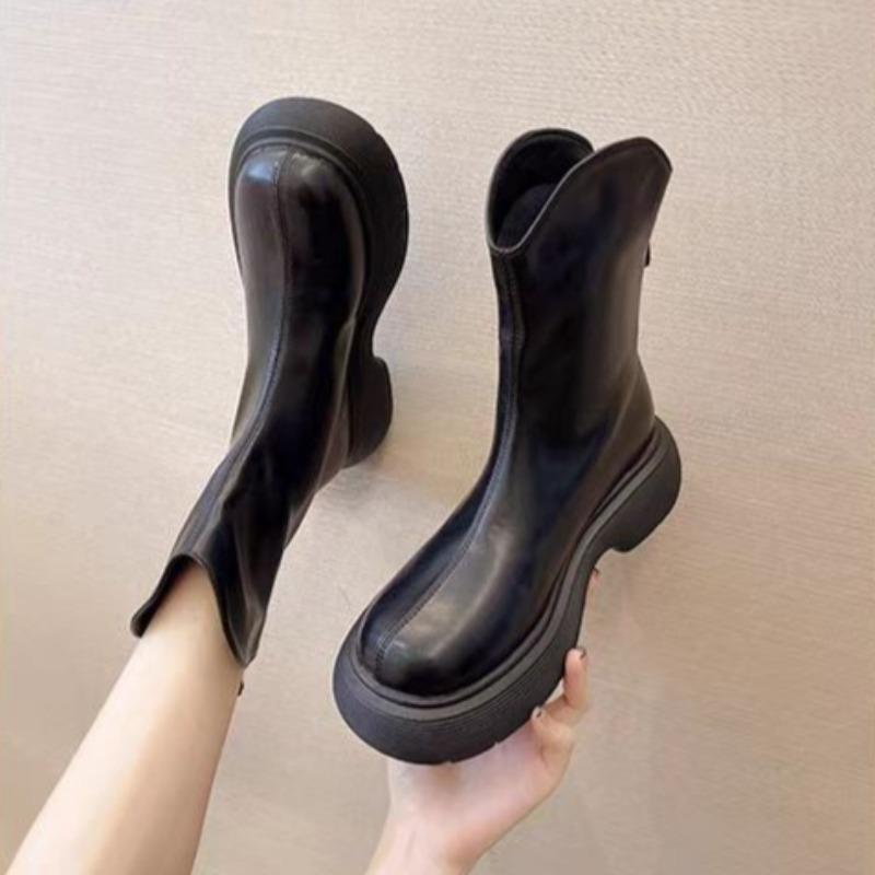 Fashion Platform Mid-tube Shoes Autumn and Winter New Round Toe Rear Zipper Non-slip Waterproof Soft-soled Shoes