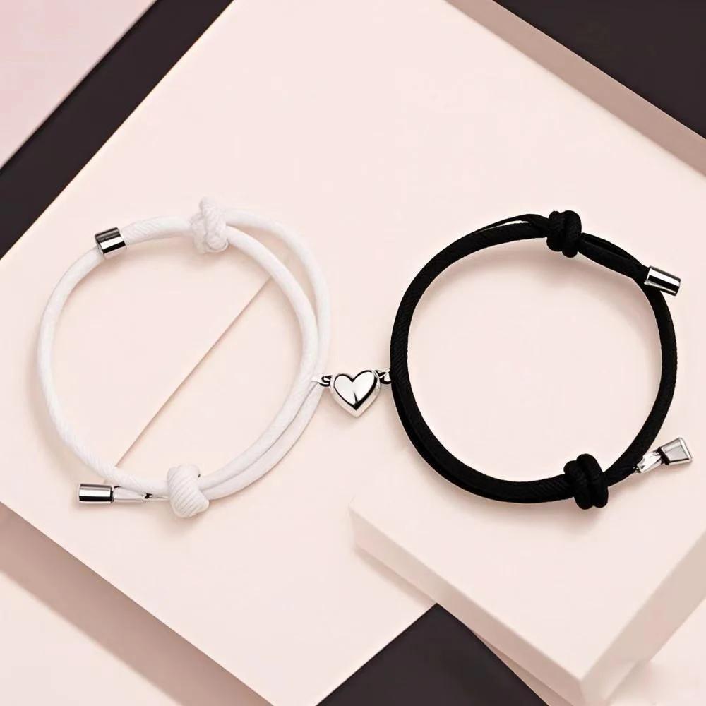 

2PC Black White Hand Rope Love Magnetic Couple Bracelet Best Friend Party Fashion Elegant Silver Color Heart Charm Gift