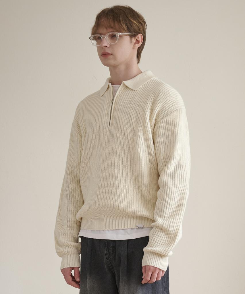 ESN Punched Collar Neck Half-Zip Knit Cream