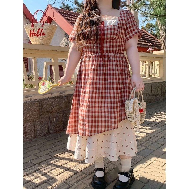 Large Size College Style French Sweet Temperament Fake Two-piece Dress Women's Summer Slim and Thin Plaid Dress