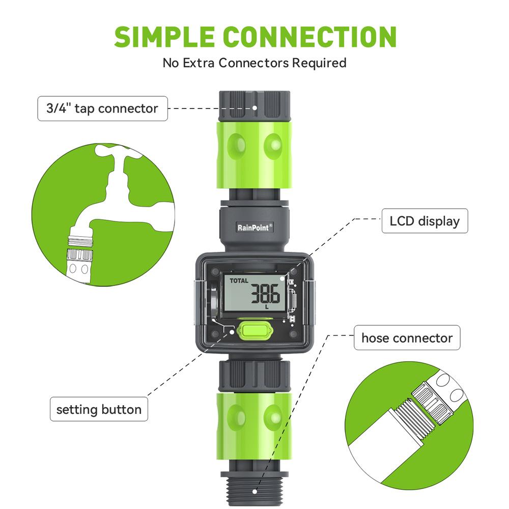 Rainpoint Digital Water Flow Meter 3/4" BSP Thread Tap Connector IPX6 LCD Outdoor Garden Hose Water Consumption Flow Rate Tester