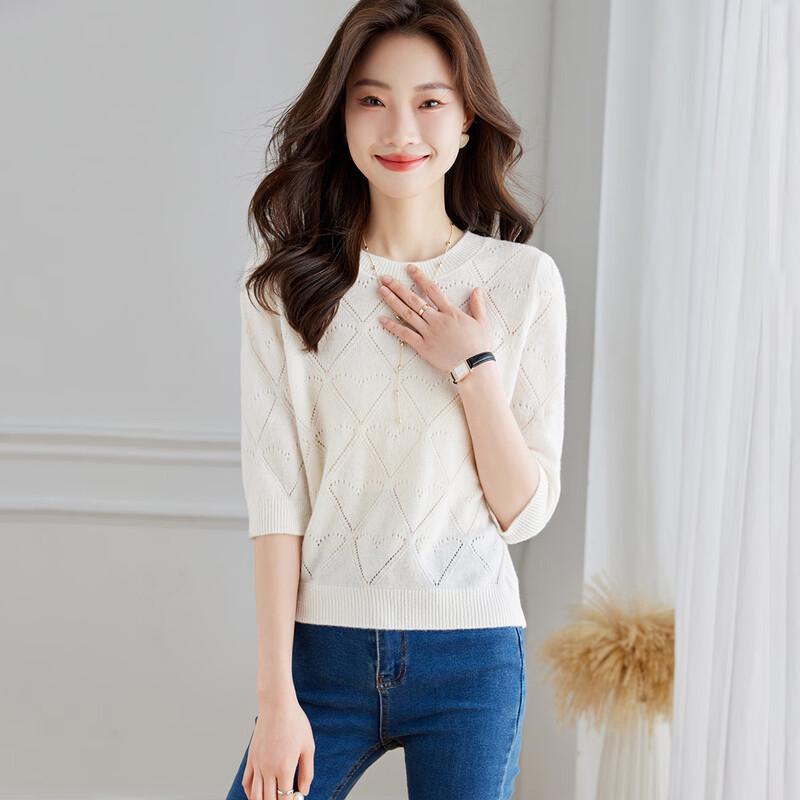 Srcr Women's Thin Pure Wool Hollow-out Diamond Knit Top