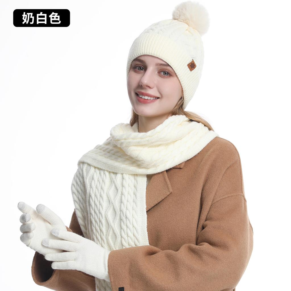 Knitted hat, scarf, gloves, three-piece set, women's winter velvet, warm outdoor riding, ear protection, wool, knitted hat