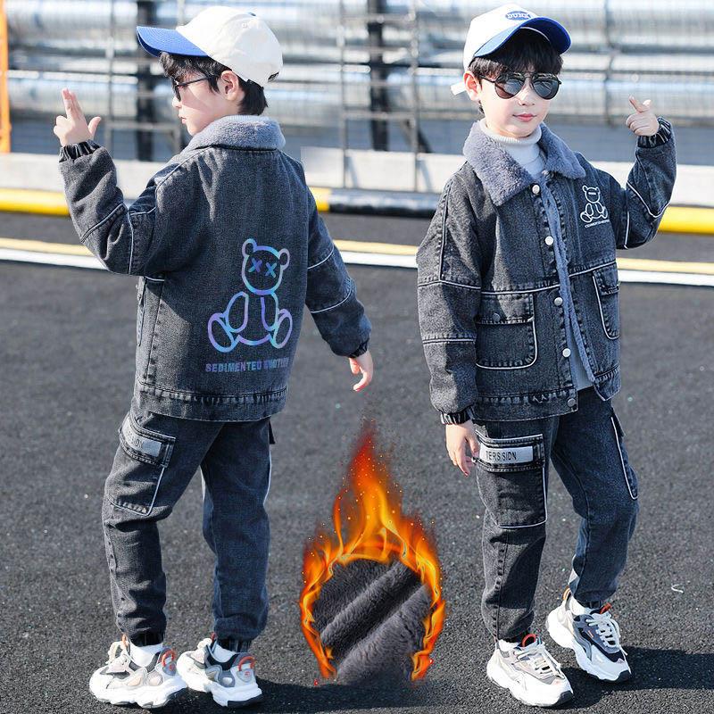 

Зимний детский комплект одежды, на флисовой подкладке и утепленный, для детей среднего и старшего возраста, джинсовый комплект-двойка 170