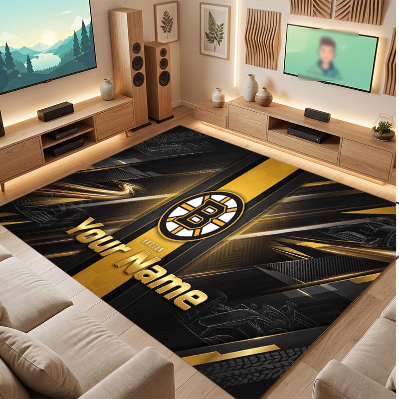 Tappeto in Cristallo Vellutato Personalizzato Boston Bruins, Tappeto Morbido Antiscivolo con Testo Nome Personalizzato per Soggiorno Camera da Letto
