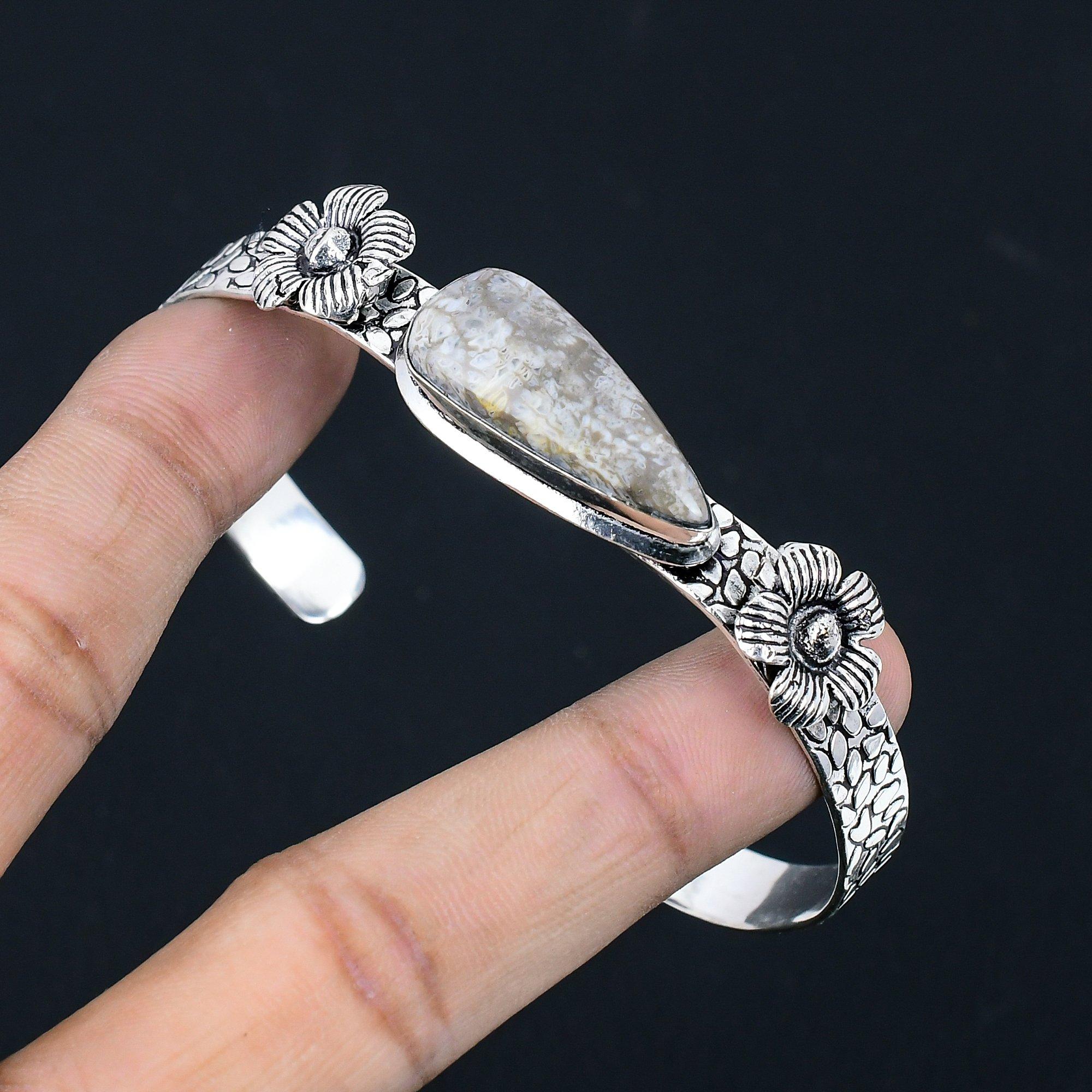 

Натуральный ископаемый коралл драгоценный камень 925 серебряный браслет цветок регулируемый для девочек Adjustable