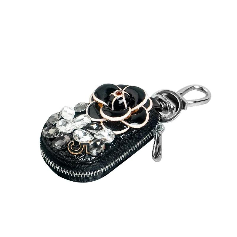 Shiny Diamond Crystal Car Camellia Flower Key Bag Auto Key Protection Cover Universal Bling Car Accessories for Women