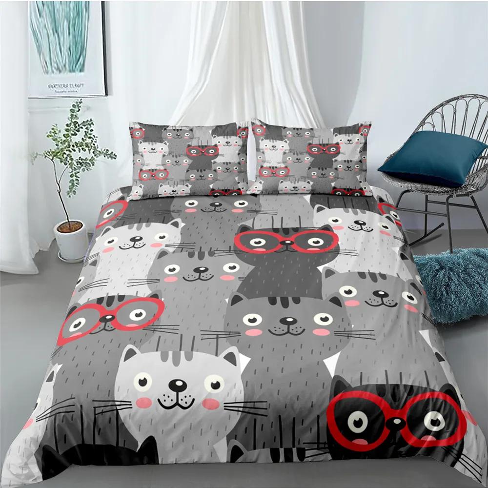 Carton Cat Soft Duvet Cover Set for Children Kids Girl Microfiber Kiten 2/3pcs Carton Animal Beding Set Single Twin Quen King Comfortable Quilt Cover