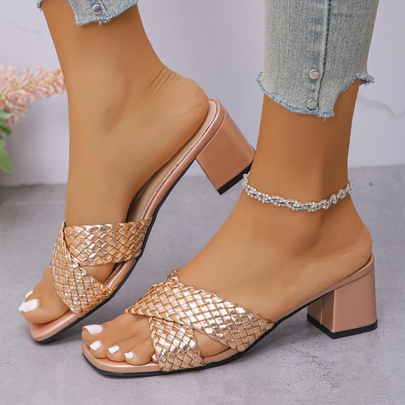 Summer new one-word woven cross-strap wear high heels large size thick heel cool slippers women