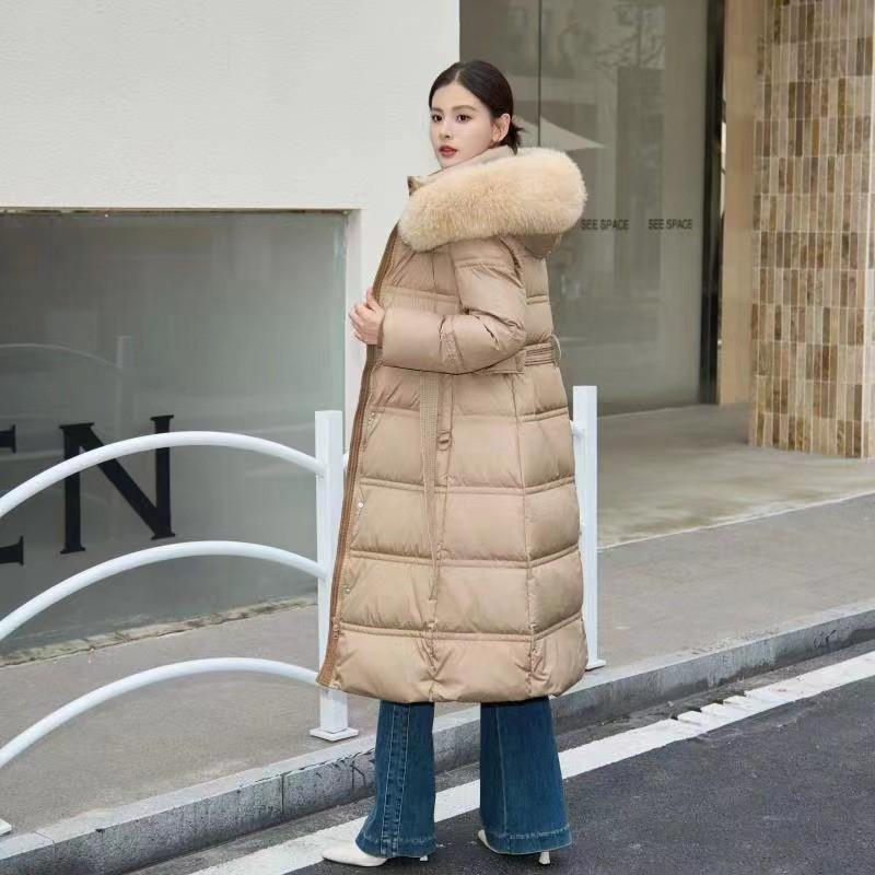 Womens Long Down Coat Over Knee Slim Fit Hooded With Real Fox Fur Collar Thick Warm White Duck