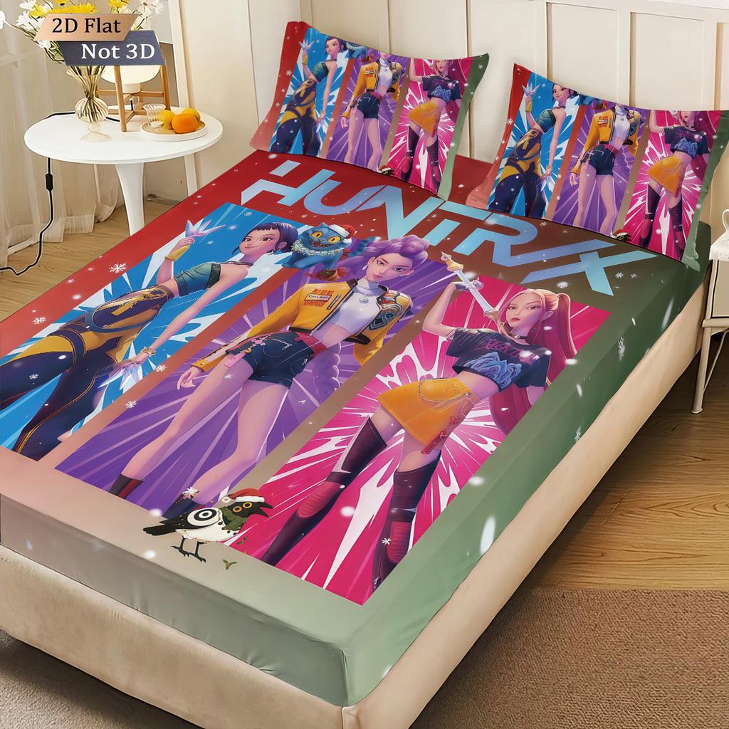 3Pcs K-Pop Demon Hunters Printed Chipless Bed Sheet Set With Multiple Sizes Bed Cover Bedding Decoration Machine Washable