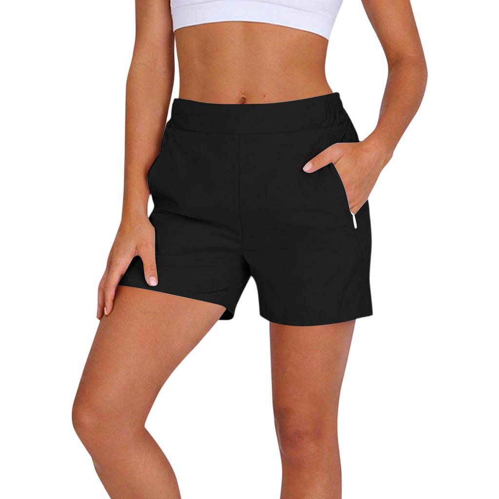 Women's Fashion Solid Color Athletic Casual Elastic Waistband Shorts with Zipper Pockets for Outdoor and Leisure Activities