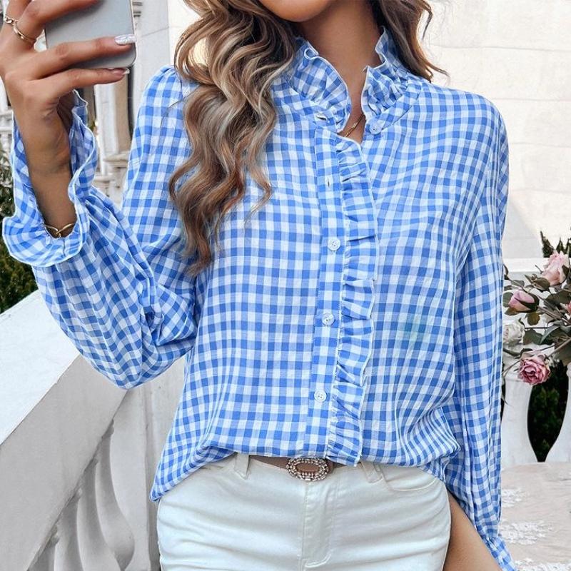 Women's Winter Tops Women's French Plaid Ruffle Button Blouse