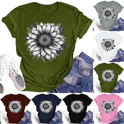 Lässiges T-Shirt für Damen mit Rundhalsausschnitt, Blumendruck, kurzärmelig