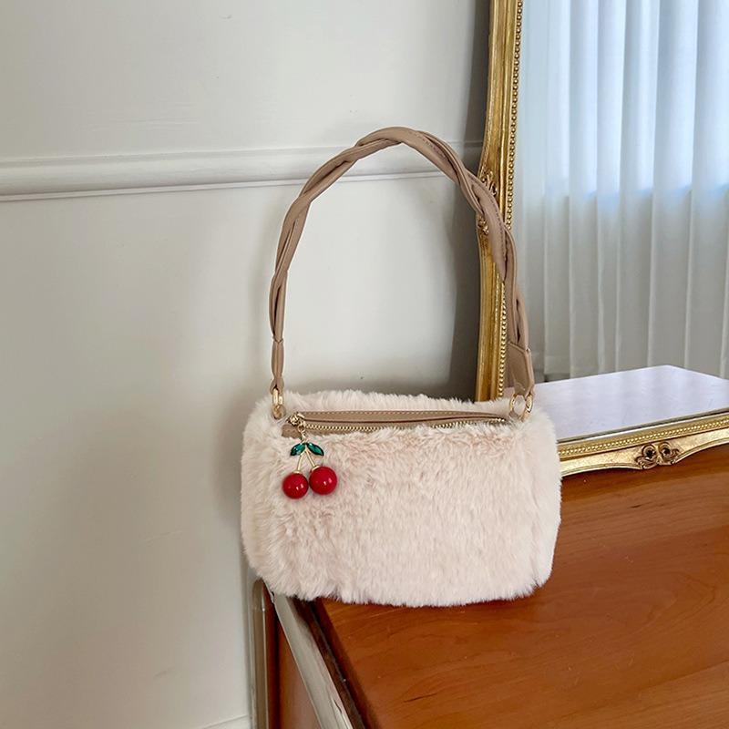 Winter new niche design cherry hair bag plush chain bag woven portable messenger bag women's tide