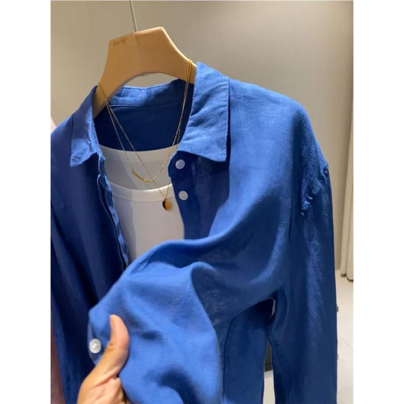 

Botvotee Women s White Shirt Lightweight Long Sleeve Elegant Oversize Blouse Vintage Spring Summer Linen Shirts XL королівський синій колір