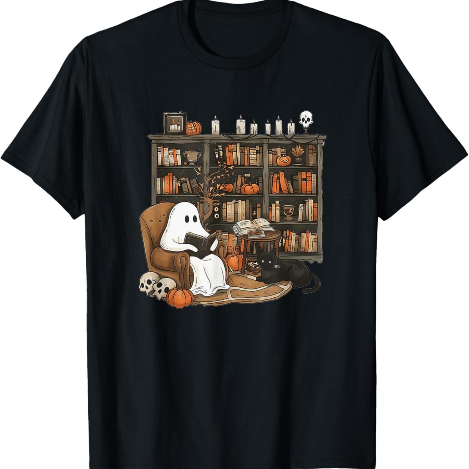 Retro Ghost Reading Books, Librarian Ghost Halloween T-Shirt S чёрный