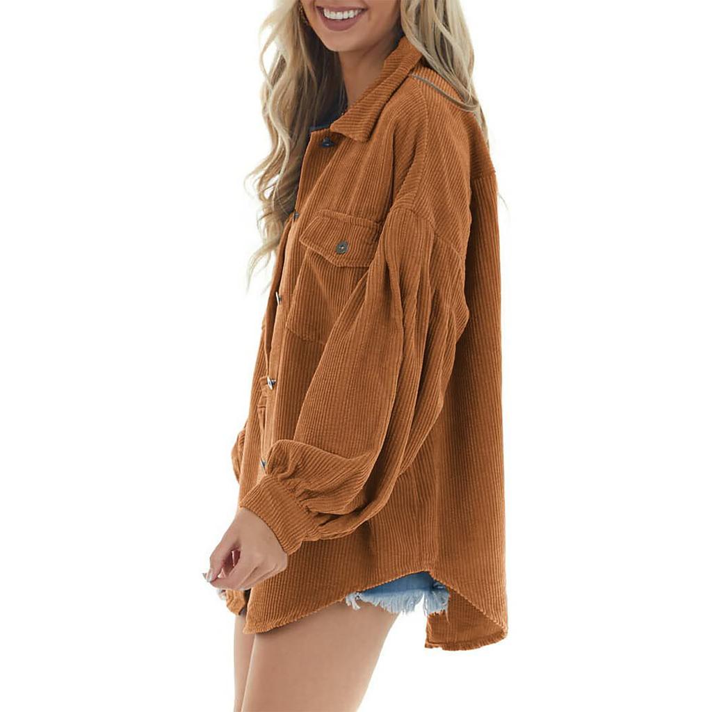 Dámská módní jednobarevná bunda Manšestrová dvojitá kapsa košile s klopou