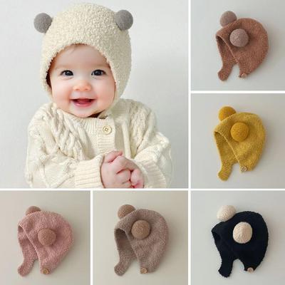 Children Acrylic Hat Kids Warm Hat Kids Winter Hat with Bear Ear Design Button Closure Elastic Band Solid Color Winter Cap