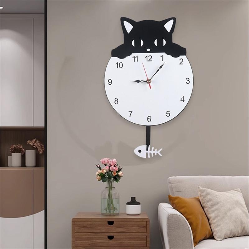Quiet Movement Acrylic Pendulum Wall Clock with Funny Cats Fish Design Arabic Numerals for Living Room Bedroom Decors