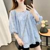 Camicia Estiva Trendy Taglie Forti Chiffon Top Manica Corta Manica a Bolla Larga Nasconde Pancia Fluido