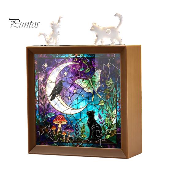 Wooden Photo Frame Base DIY Acrylic Cat Puzzles Night Light, Hand-Assembled Stained Glass Style Jigsaw Lamp with Personalized Handmade Presents Decor,