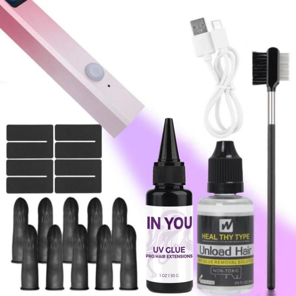

Complete UV Hair Extension Kit with 30g Glue, Fast-Curing Lamp & Remover for Super Fast Invisible Bonds, Professional Salon & Home Use A Set