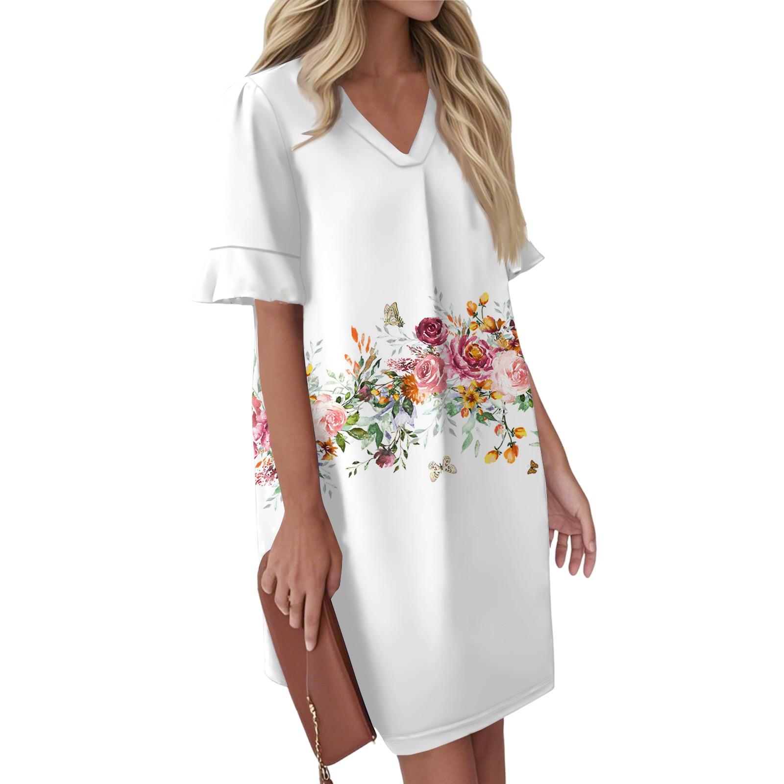 

Women s Summer Vintage Floral Print Dress Pleated Short Sleeve V Tie Pocket Casual Dress XL белый