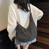 Lightweight Drawstring Cow Horn Shoulder Bag for Women Large Capacity Canvas Travel Handbags Girls Pleated Plaid Crossbody Bag