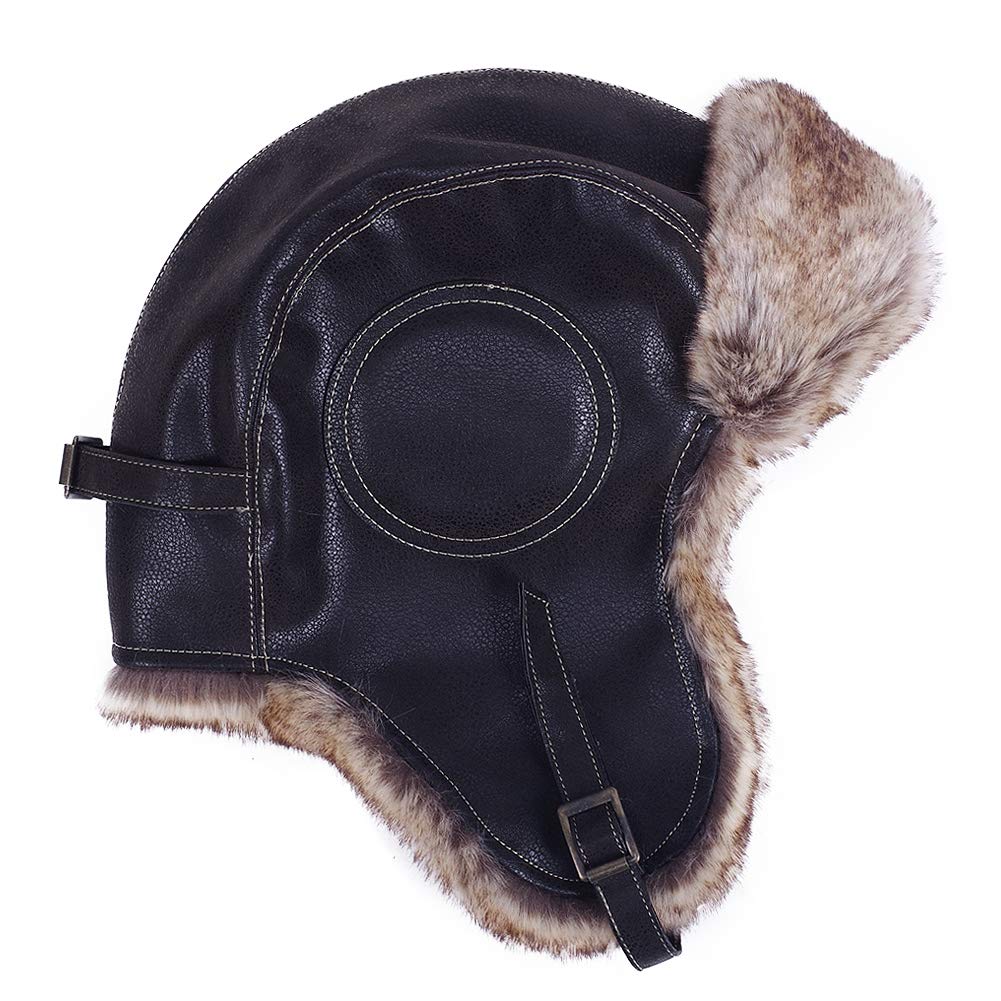 Pilot Russian Fur Pilot Cap Black Leather [Janey&Rubbins] Cap, Style, Warm, Earflaps, Lining, Skiing, Outdoor, Unisex, (L, #2)