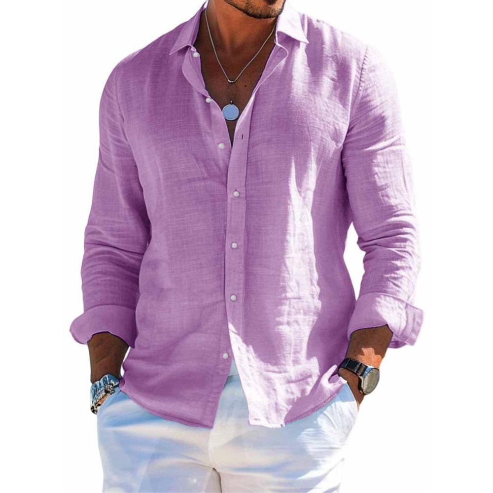 Herren Leinenhemd mit Kragen, Langarm Strandhemd M violett