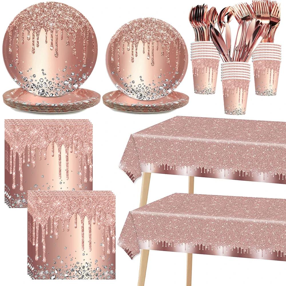 Roségold Themenparty Dekoration Geschirrset Diamant Glitzer Teller Tasse Luftballons Für Hochzeit Mädchen Kinder Geburtstagsparty Zubehör