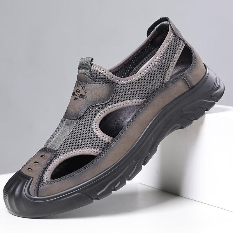 2024 Men's Summer Genuine Leather Breathable Sandals: Mesh Driving, Outdoor, Leisure, Wading & Beach Shoes