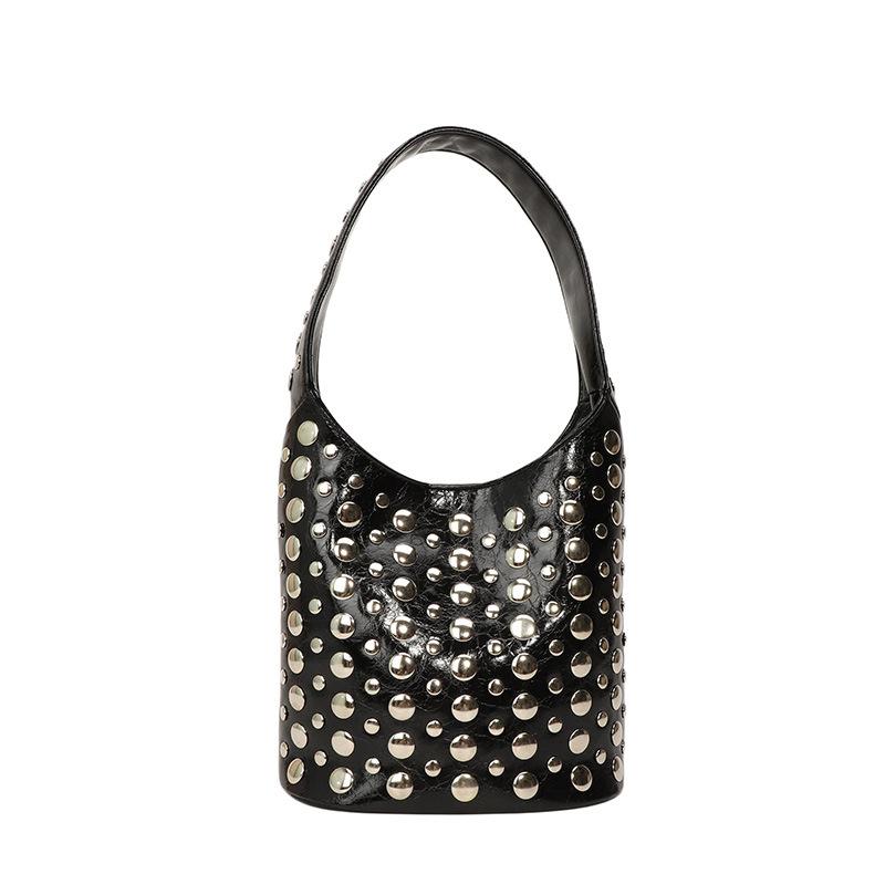 

2025bags studded women s bag European and American vintage fashion shoulder bag ins new hand-held embroidery bucket bag