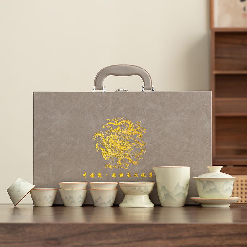 Ru Kiln Ancient Rhyme Kung Fu Tea Set Household Light Luxury High-end Ceramic Cover Bowl Teapot Teacup Complete Set High-end Gift Box