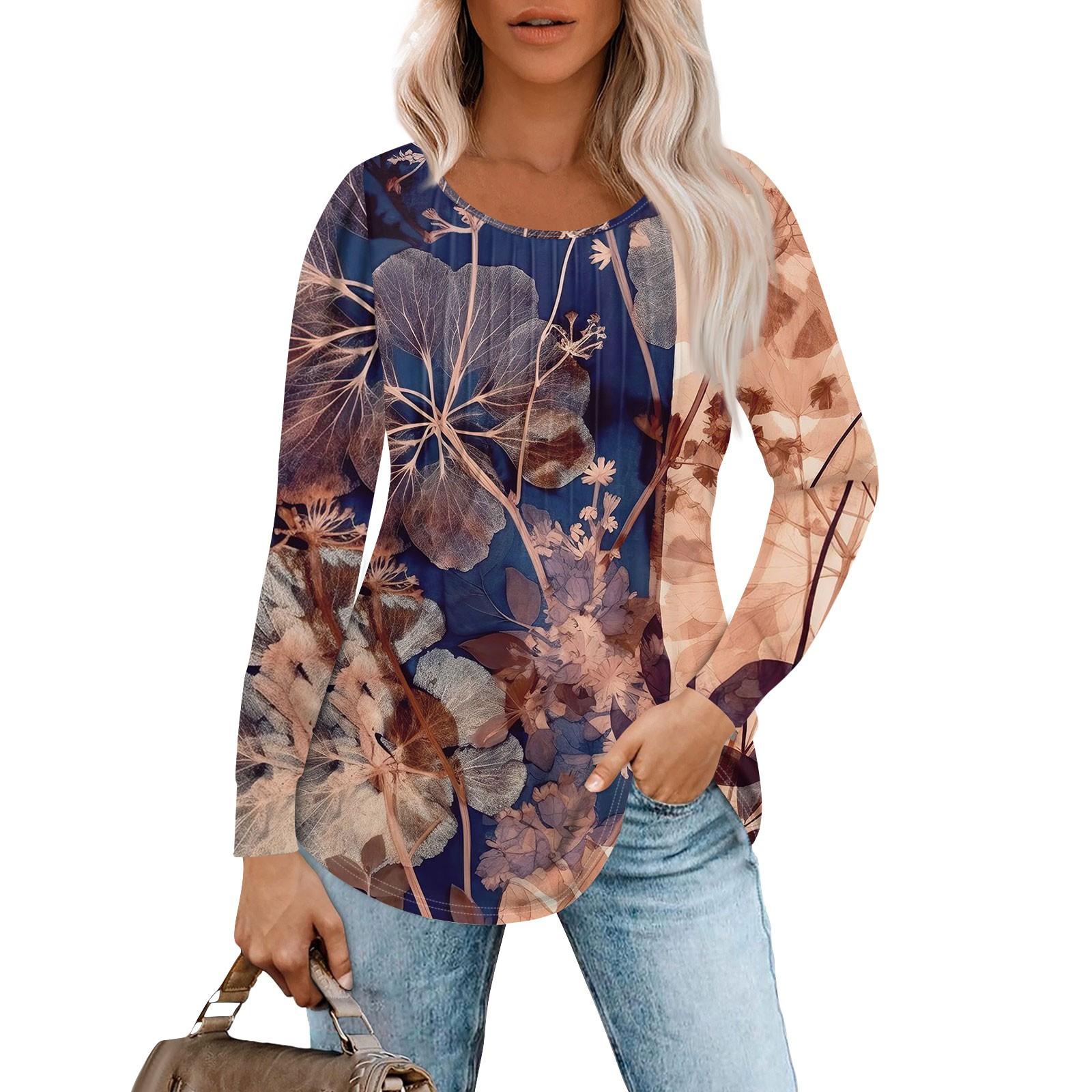 

Рубашки с длинным рукавом для женщин, топы, нарядные повседневные блузки, плиссированные топы-туники с круглым вырезом L темно-синий