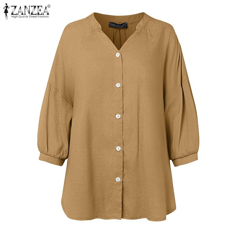 ZANZEA Women Round Neck 3/4 Sleeve Solid Color Casual Thin Blouses